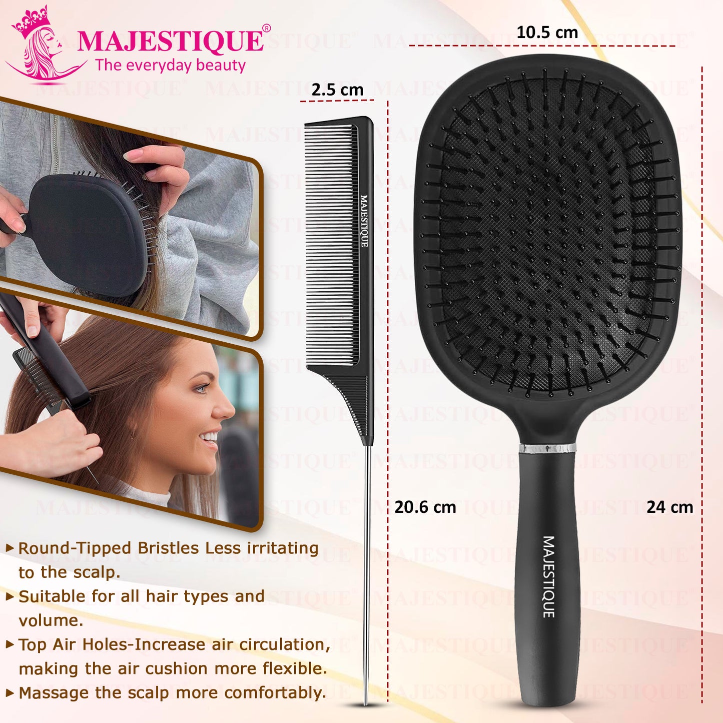 Majestique Jumbo Paddle Brush & Tail Comb, Large, Anti-Static, Black, for Frizz-Free Hair - 2Pcs