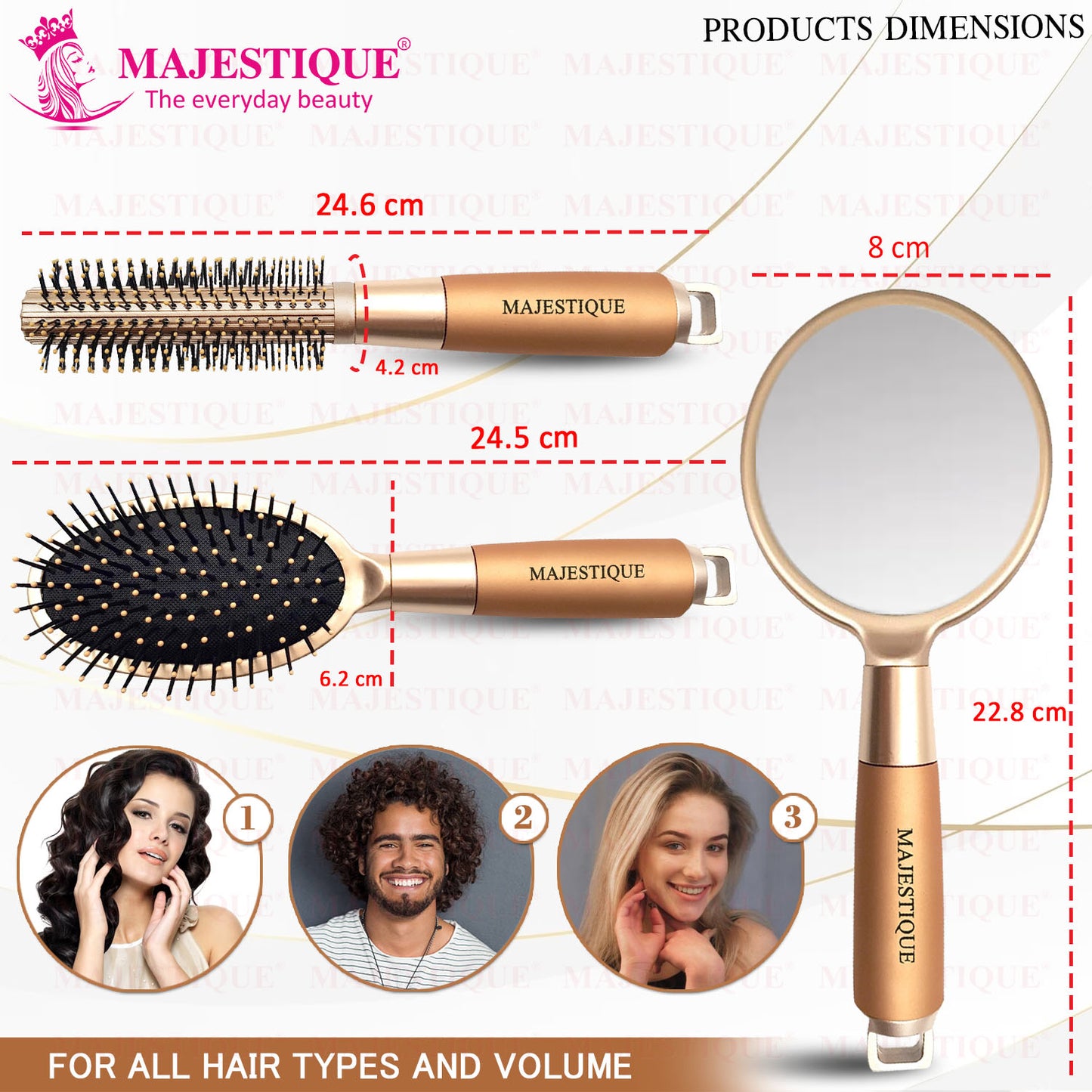 GOLDEN ROUND & CUSHION BRUSH &MIRROR (3 PC) HR172