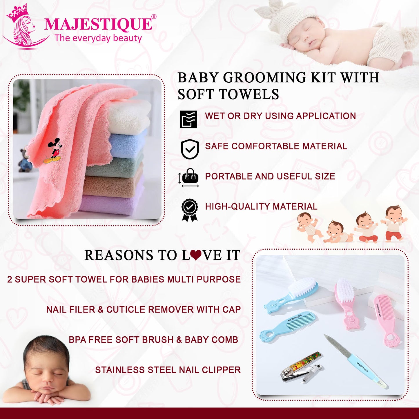 BABY GROOMING KIT WITH SOFT TOWEL (PACK OF 5) Color May Vary CMB545