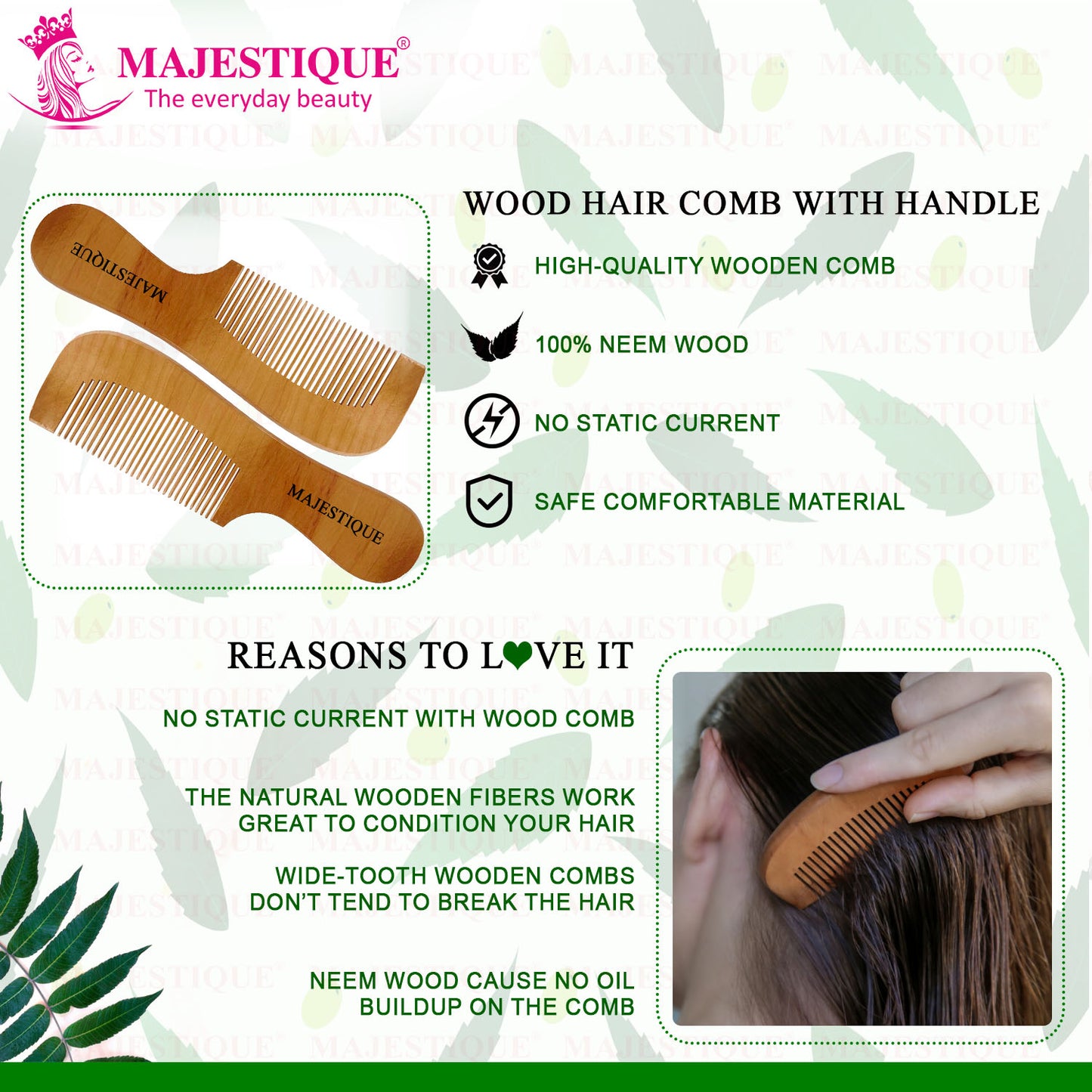 WOODEN HAIR COMB WITH HANDLE HR140