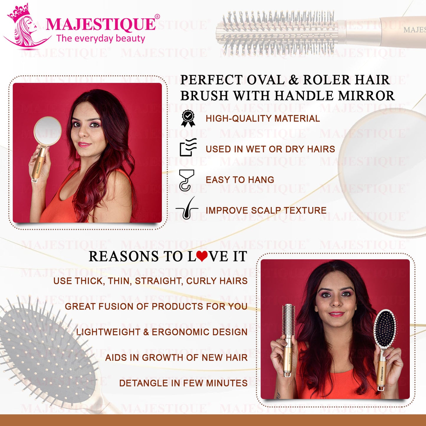 GOLDEN ROUND & CUSHION BRUSH &MIRROR (3 PC) HR172