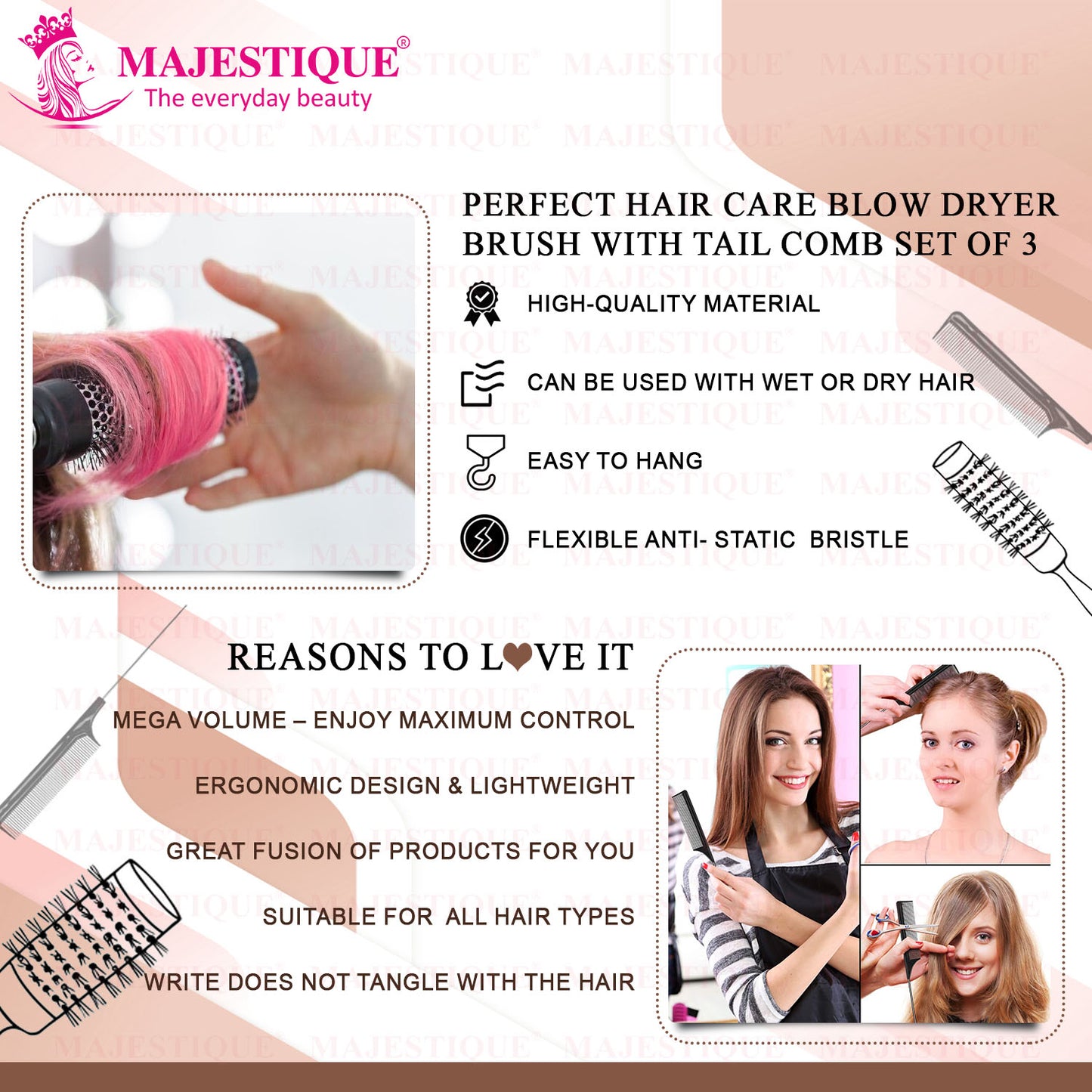 BLOW HAIR ROLER BRUSH & TAILCOMB (3PCS) HR174