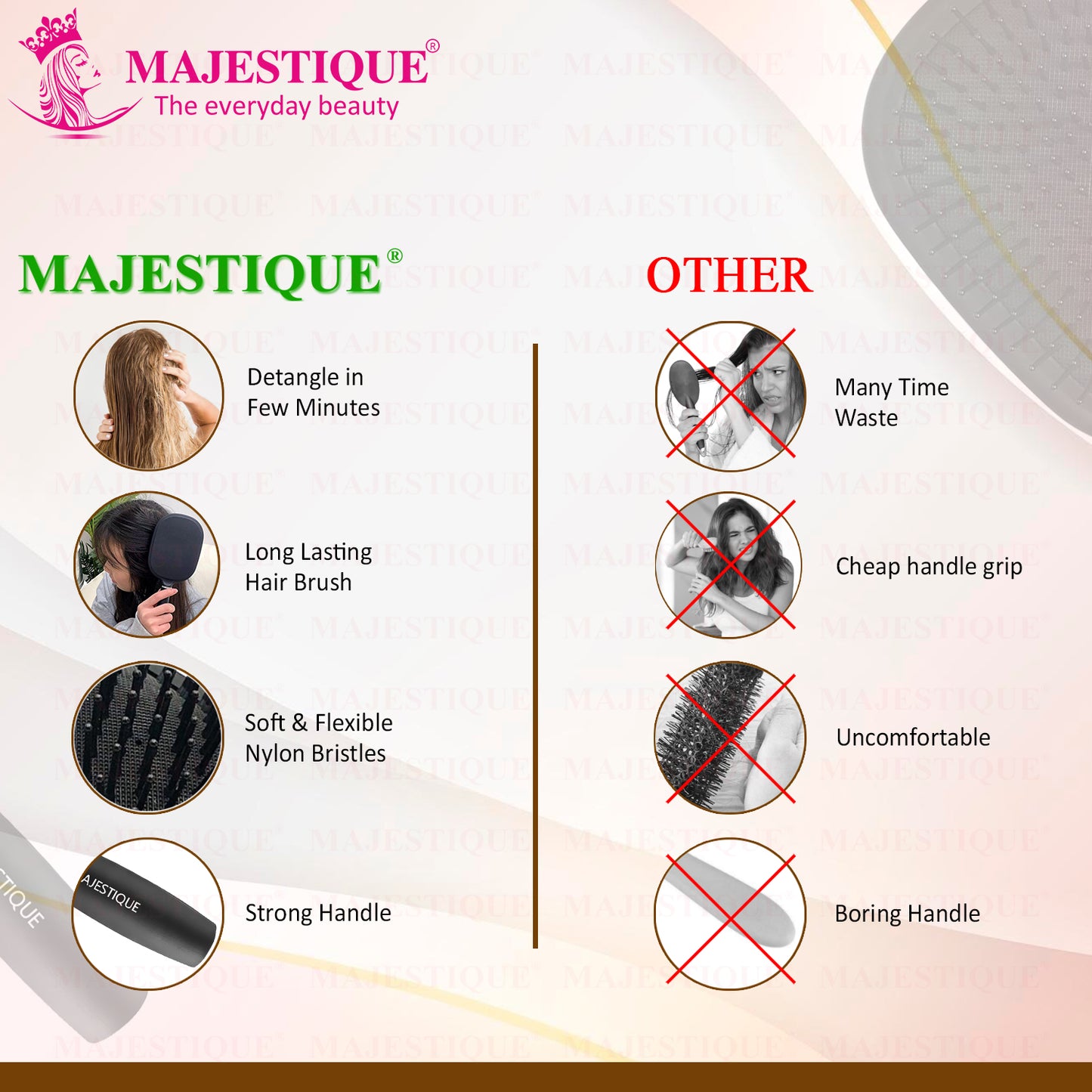 Majestique Jumbo Paddle Brush & Tail Comb, Large, Anti-Static, Black, for Frizz-Free Hair - 2Pcs