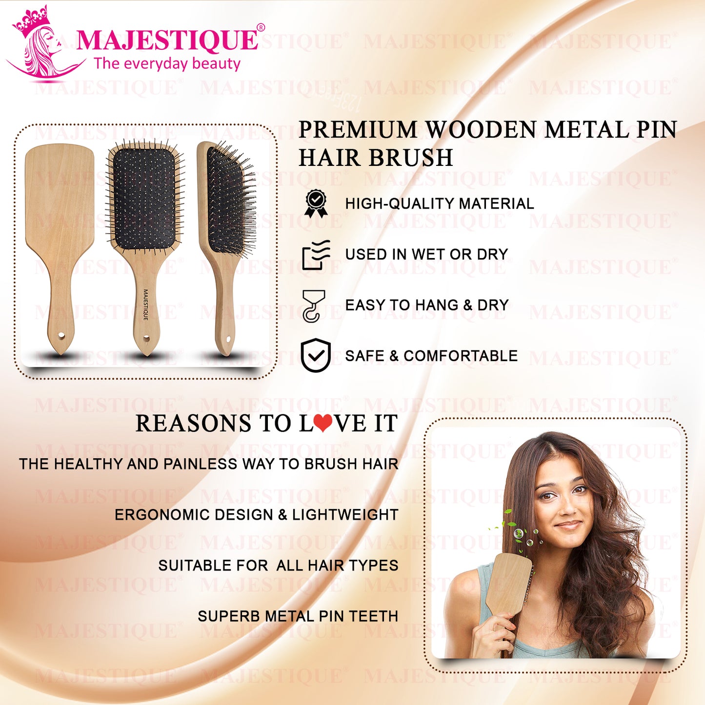 PREMIUM WOODEN METAL PIN PADDLE BRUSH HR144