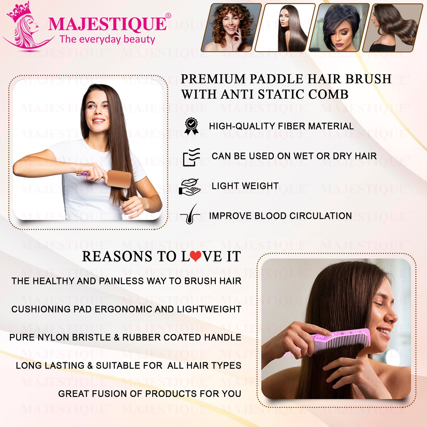 PREMIUM PADDLE HAIR BRUSH WITH COMB (2 PC) HR180