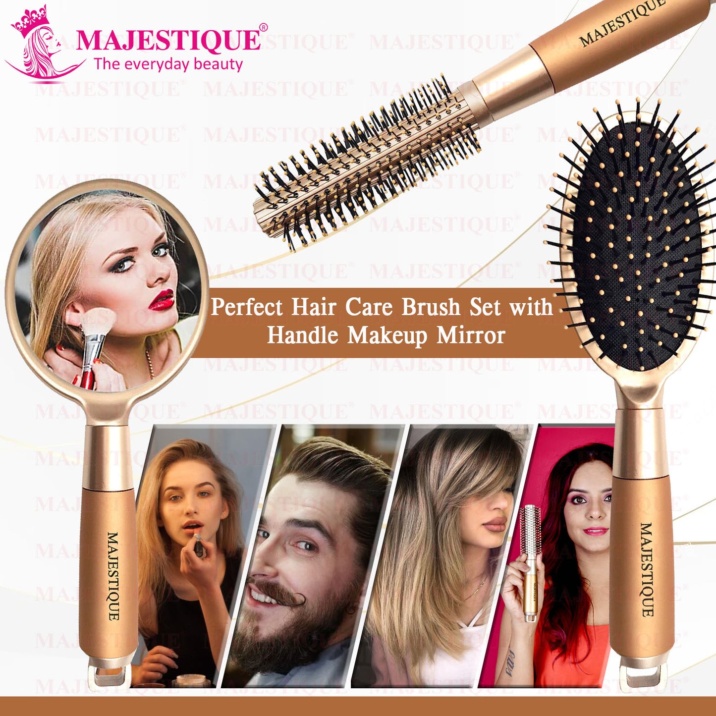 GOLDEN ROUND & CUSHION BRUSH &MIRROR (3 PC) HR172