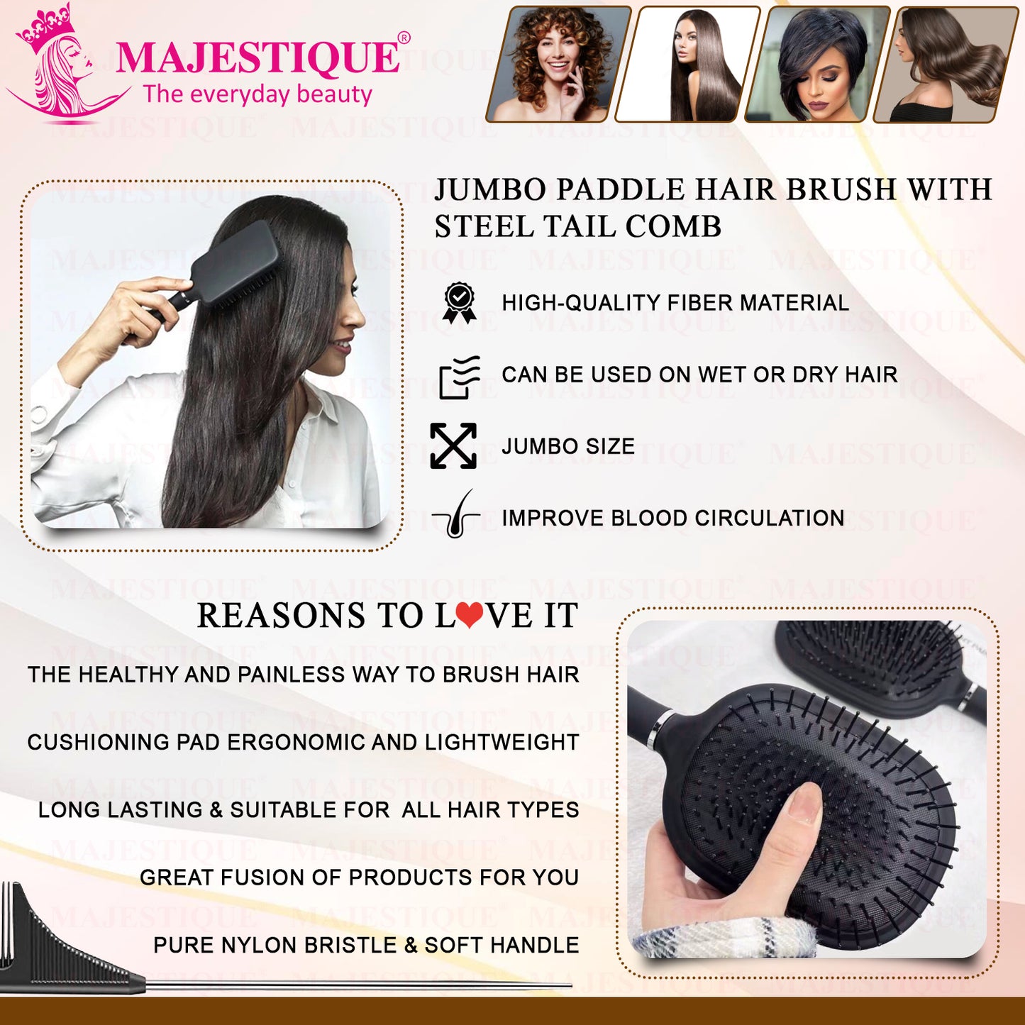 Majestique Jumbo Paddle Brush & Tail Comb, Large, Anti-Static, Black, for Frizz-Free Hair - 2Pcs