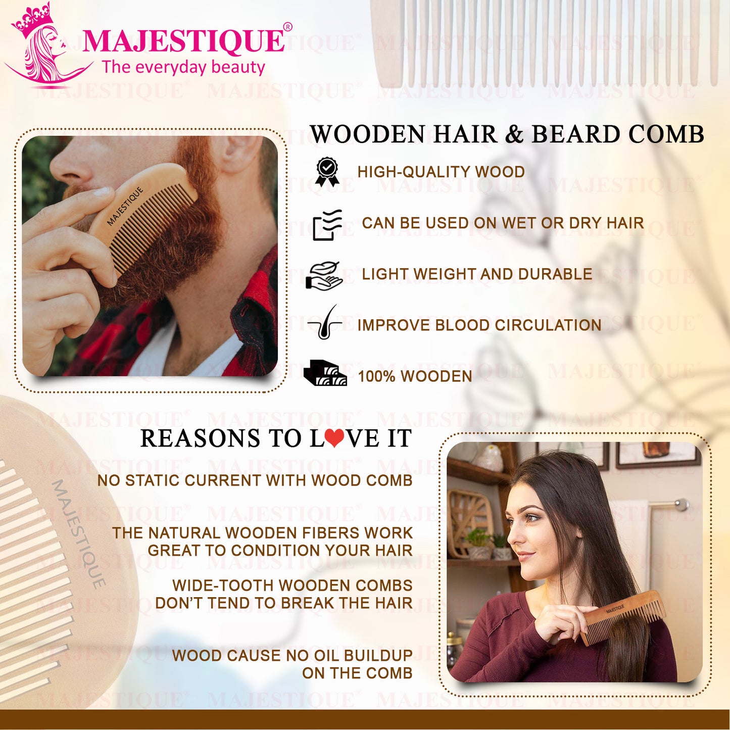 WOODEN HAIR GROOMING COMB SET (2 PC) HR175