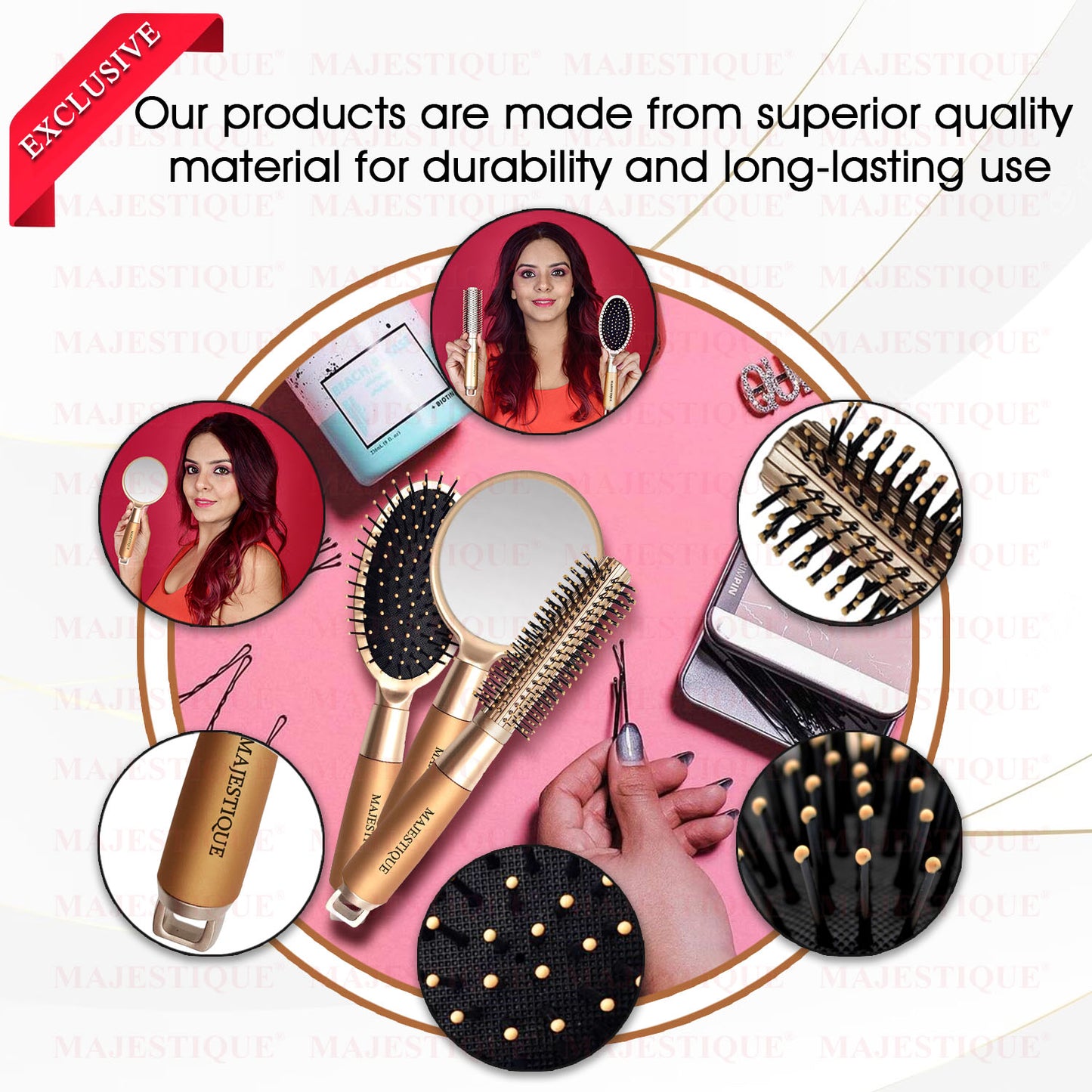 GOLDEN ROUND & CUSHION BRUSH &MIRROR (3 PC) HR172