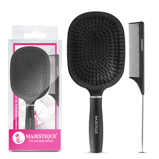 Majestique Jumbo Paddle Brush & Tail Comb, Large, Anti-Static, Black, for Frizz-Free Hair - 2Pcs