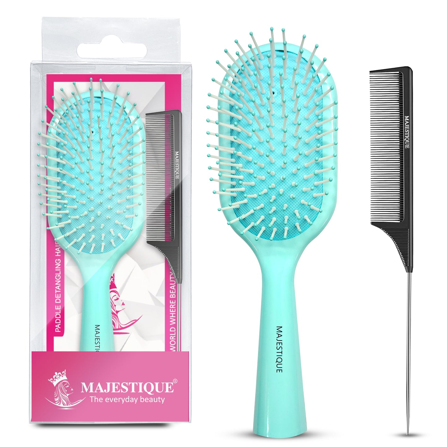 Majestique Paddle Detangling Hair Brush with Tail Comb, Detangling, Scalp Massage, for All Hair Types - 2Pcs/Multicolour