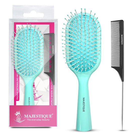 Majestique Paddle Detangling Hair Brush with Tail Comb, Detangling, Scalp Massage, for All Hair Types - 2Pcs/Multicolour