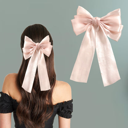 Big Satin Layered Hair Bows for Women, Long Tail Ribbon Clip Accessories - 1 Pcs (Pink) MJQ-B-408