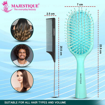 Majestique Paddle Detangling Hair Brush with Tail Comb, Detangling, Scalp Massage, for All Hair Types - 2Pcs/Multicolour