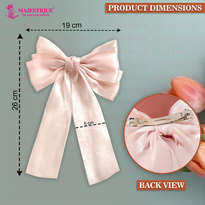 Big Satin Layered Hair Bows for Women, Long Tail Ribbon Clip Accessories - 1 Pcs (Pink) MJQ-B-408