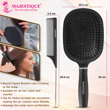 Majestique Jumbo Paddle Brush & Tail Comb, Large, Anti-Static, Black, for Frizz-Free Hair - 2Pcs