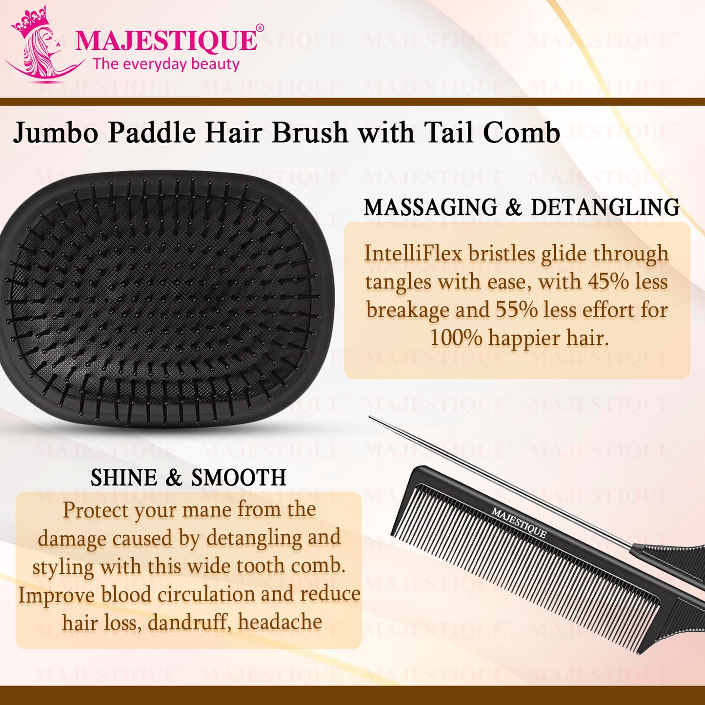 Majestique Jumbo Paddle Brush & Tail Comb, Large, Anti-Static, Black, for Frizz-Free Hair - 2Pcs