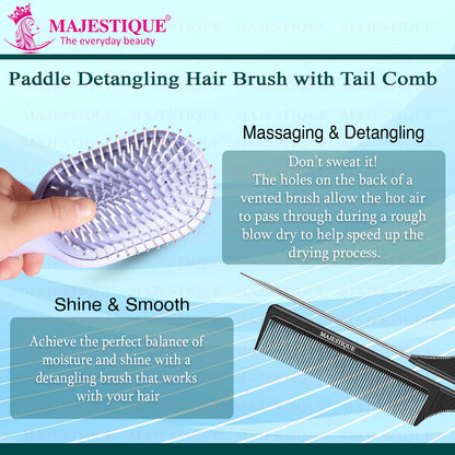 Majestique Paddle Detangling Hair Brush with Tail Comb, Detangling, Scalp Massage, for All Hair Types - 2Pcs/Multicolour