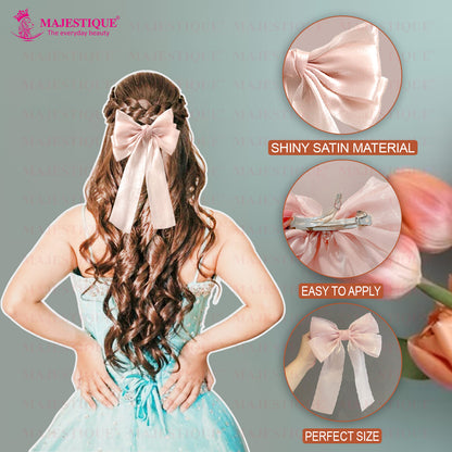 Big Satin Layered Hair Bows for Women, Long Tail Ribbon Clip Accessories - 1 Pcs (Pink) MJQ-B-408