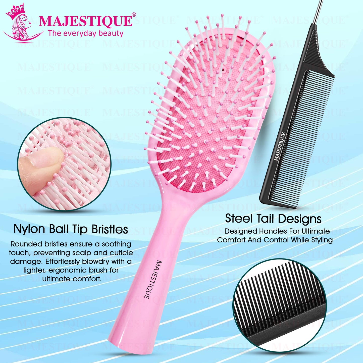 Majestique Paddle Detangling Hair Brush with Tail Comb, Detangling, Scalp Massage, for All Hair Types - 2Pcs/Multicolour