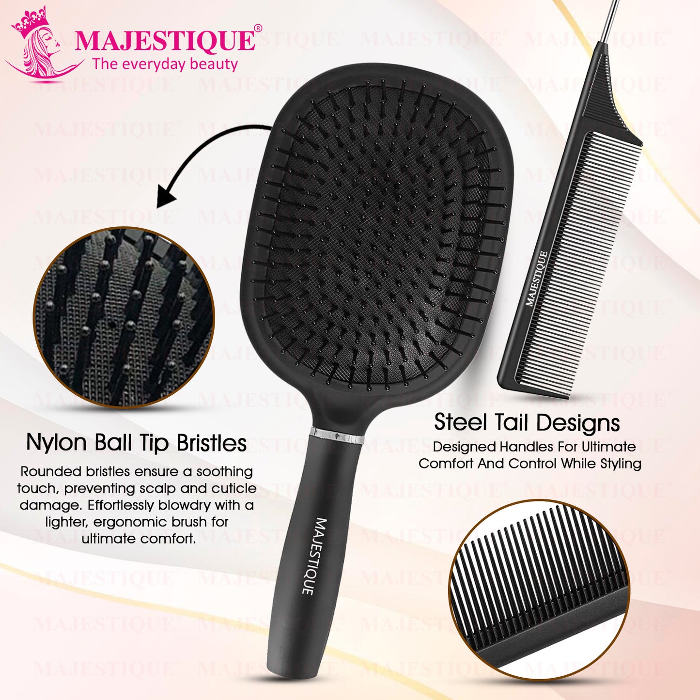 Majestique Jumbo Paddle Brush & Tail Comb, Large, Anti-Static, Black, for Frizz-Free Hair - 2Pcs