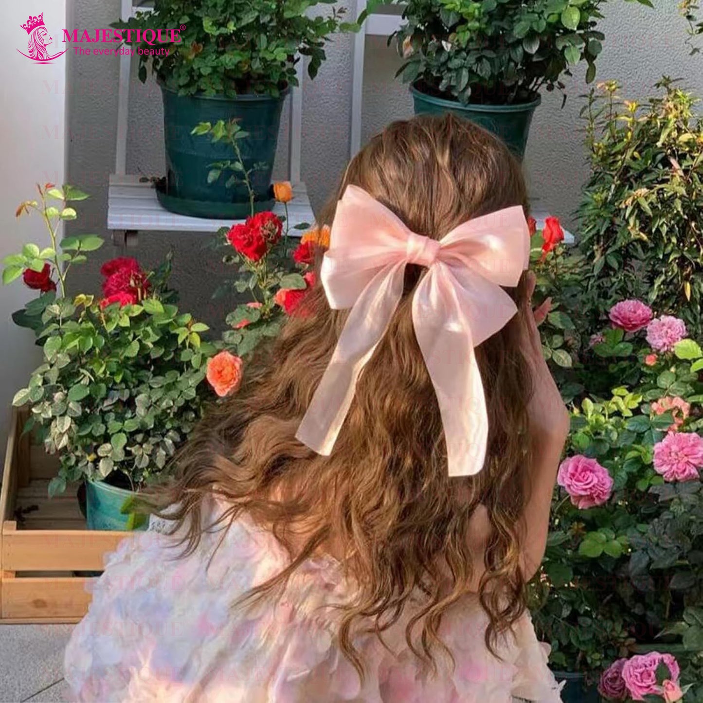 Big Satin Layered Hair Bows for Women, Long Tail Ribbon Clip Accessories - 1 Pcs (Pink) MJQ-B-408