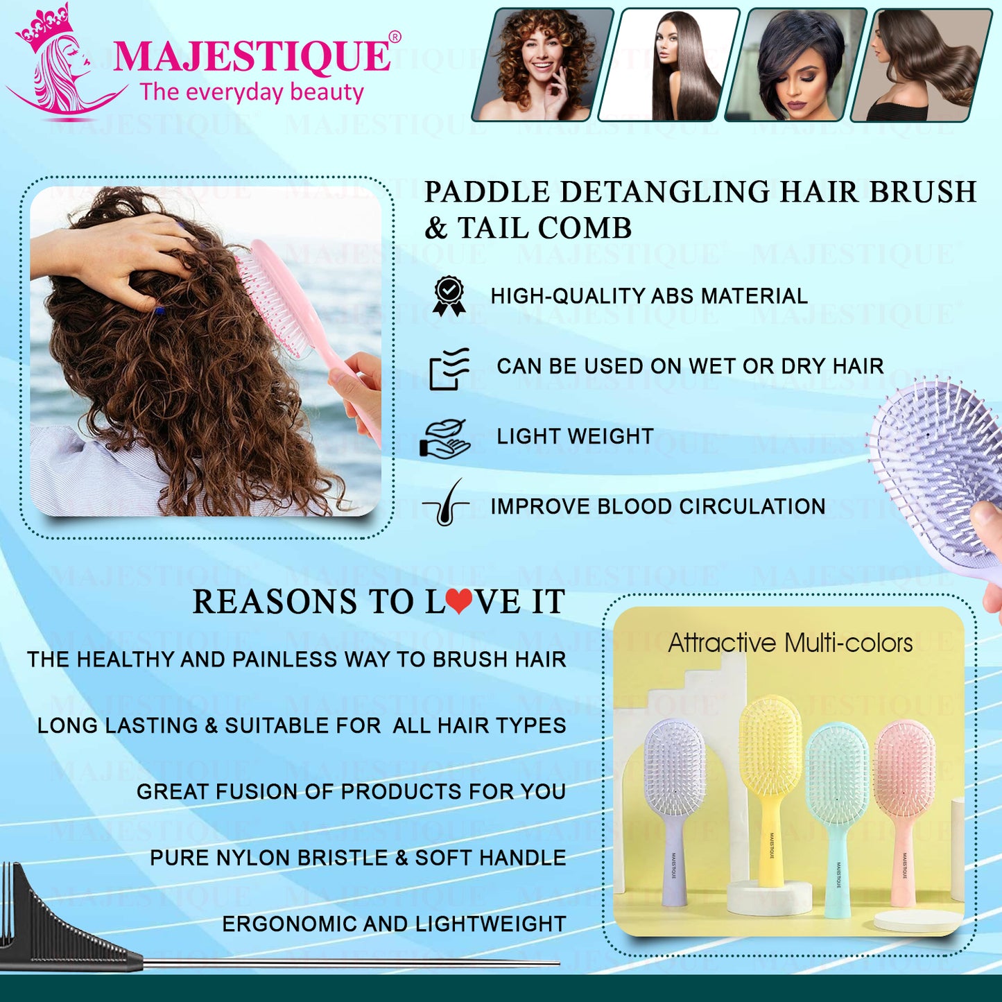 Majestique Paddle Detangling Hair Brush with Tail Comb, Detangling, Scalp Massage, for All Hair Types - 2Pcs/Multicolour