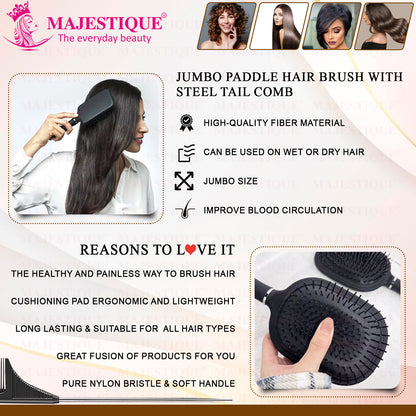 Majestique Jumbo Paddle Brush & Tail Comb, Large, Anti-Static, Black, for Frizz-Free Hair - 2Pcs