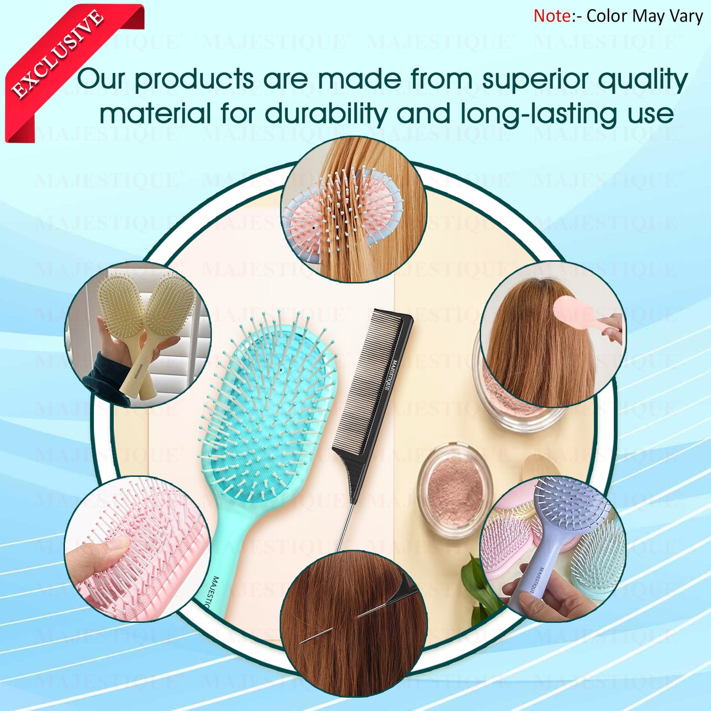 Majestique Paddle Detangling Hair Brush with Tail Comb, Detangling, Scalp Massage, for All Hair Types - 2Pcs/Multicolour