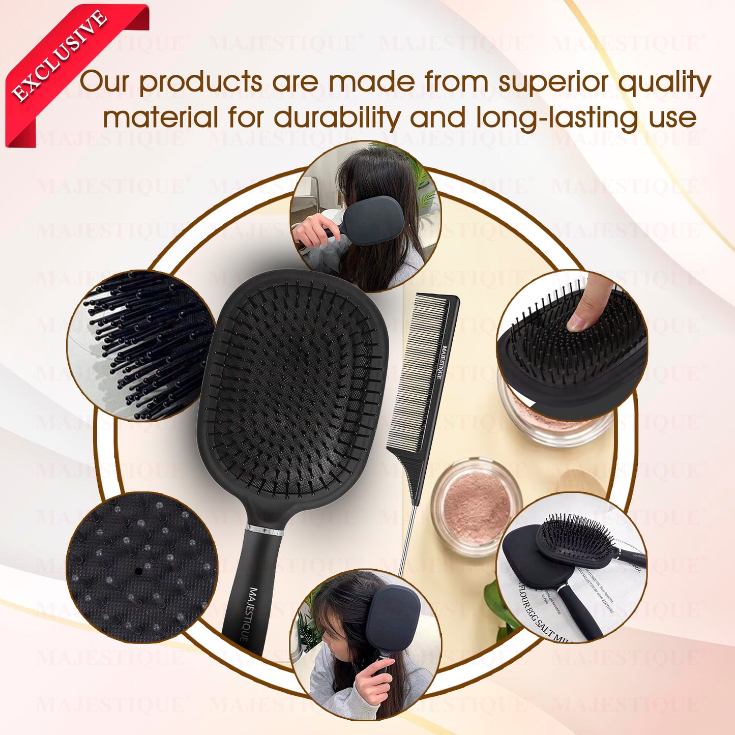 Majestique Jumbo Paddle Brush & Tail Comb, Large, Anti-Static, Black, for Frizz-Free Hair - 2Pcs